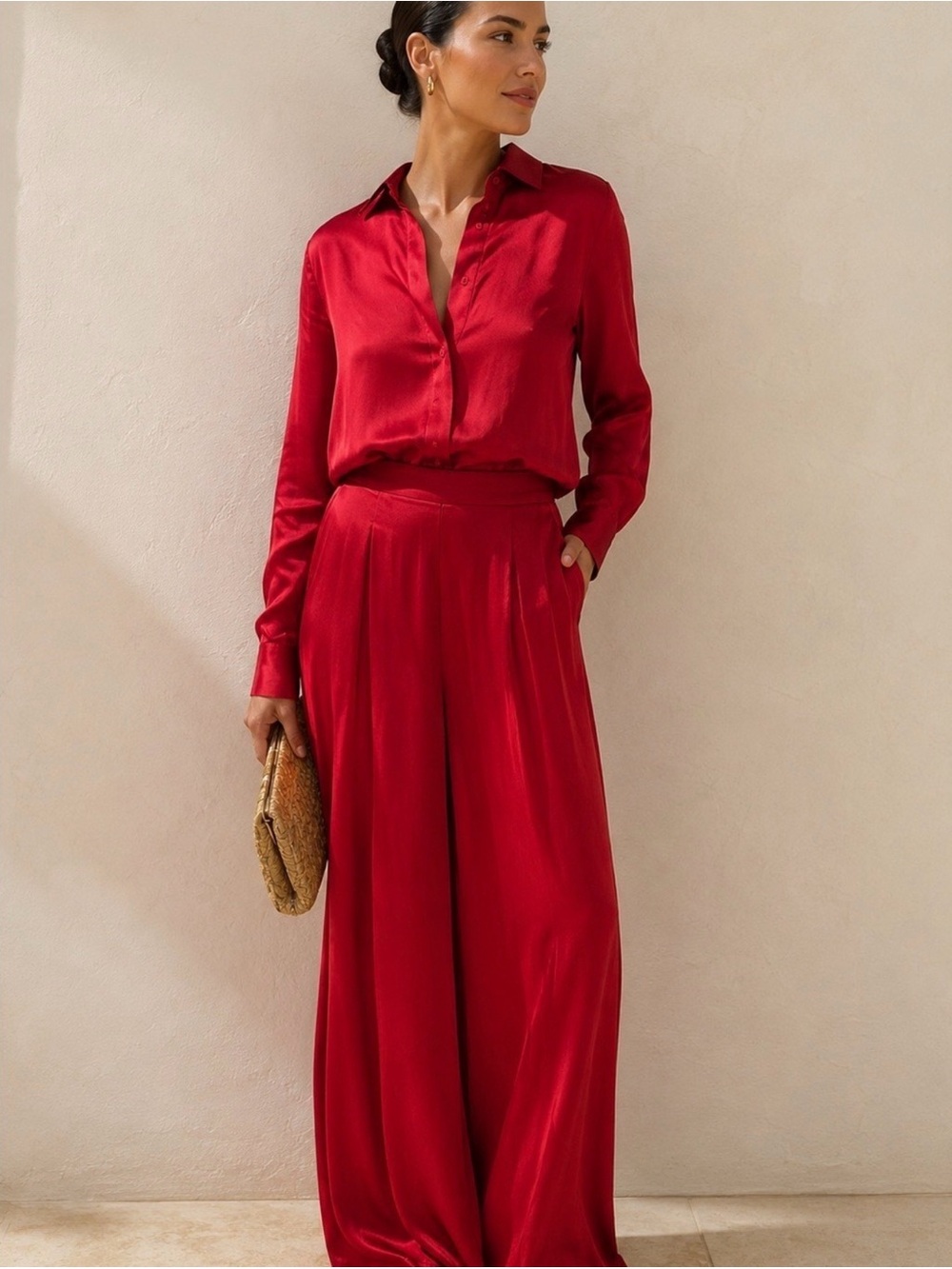 Andrea Iyamah Vana Satin Button Front Shirt Ruby Red Size S and M NWT